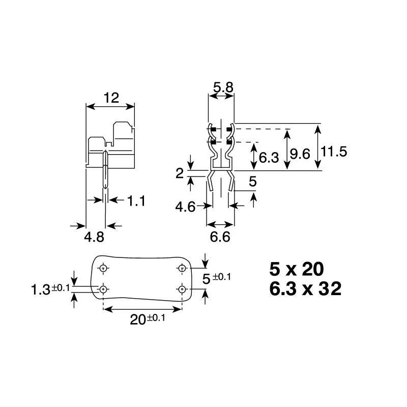 Schurter OG Clip 5x20 / 6.3x32 Tin Plated Brass PCB Fuse Clip for 6.3 x 32 mm Fuse-Link Fuse 0751.0142