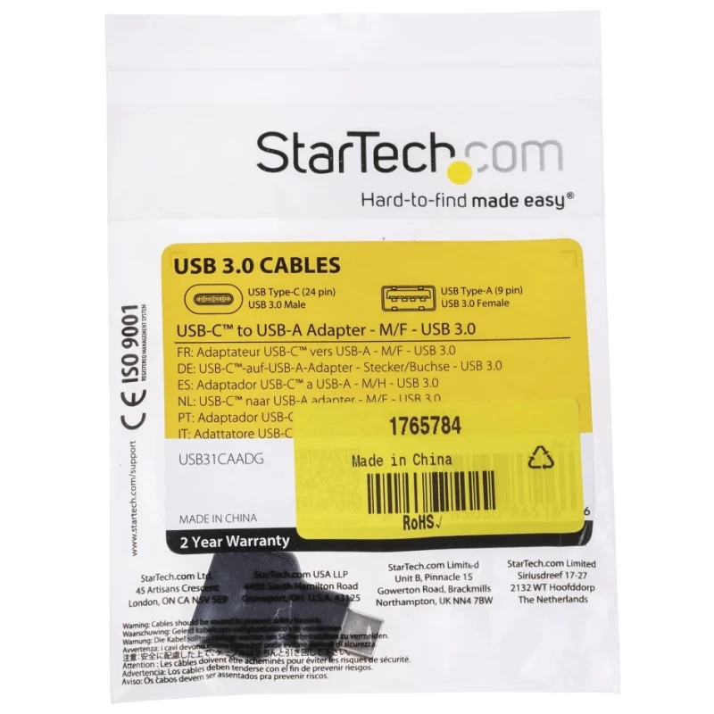 StarTech.com USB Adapter Male USB Type C to Male USB Type A USB 3.2 Black USB31CAADG