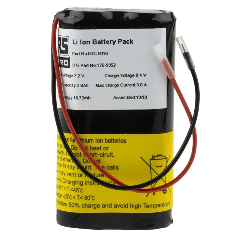 RS PRO 7.2 V Lithium-ion Rechargeable Battery Pack 2.6 Ah 2 Cells Lead Termination 176-9352