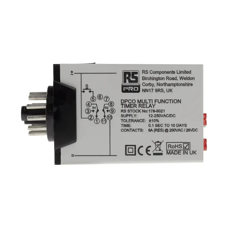 RS PRO Timer Relay, Multifunction, 12 to 240 V ac/dc Supply, DPDT Contact Configuration, 0.1 s to 100 Days Timer 178-5021