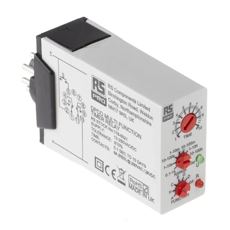 RS PRO Timer Relay, Multifunction, 12 to 240 V ac/dc Supply, DPDT Contact Configuration, 0.1 s to 100 Days Timer 178-5021