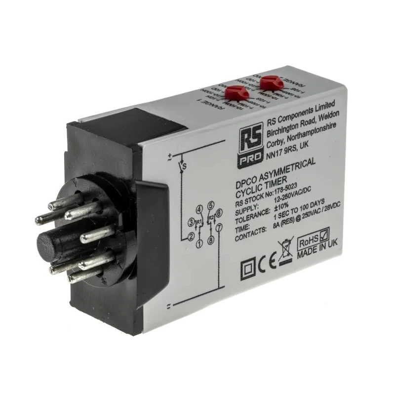 RS PRO Timer Relay 8-Contact DPDT 12 to 250 V DC/12V, 240 V AC, 0.1 s to 10 Days 1-Function 178-5023