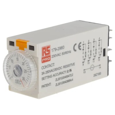 RS PRO Timer Relay 4-Contact 230V AC 1 to 30 s ON Delay 4PDT Switch Configuration 179-2960