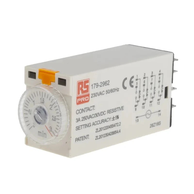 RS PRO Timer Relay 4-Contact 230V AC 0.1 to 3 min On Delay 4PDT 14-Pin Dial Adjustment 179-2962