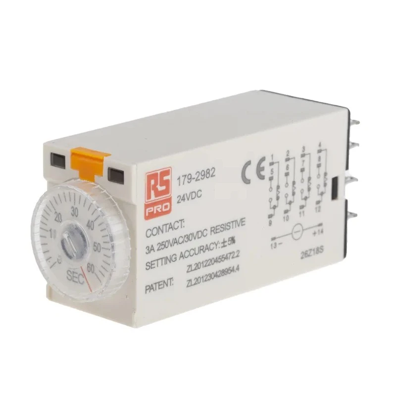 RS PRO Timer Relay 4-Contact 24 V DC AC 2 to 60 s ON Delay 4PDT Switch Configuration 179-2982