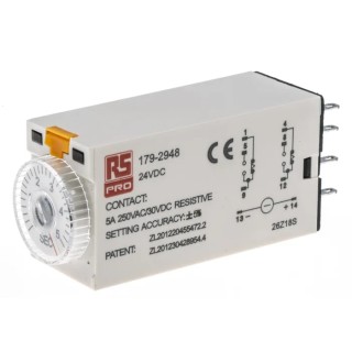 RS PRO Timer Relay, 2-Contact DPDT, 24 V dc 24V ac, 0.2 to 5 s ON Delay, 8-Pin Terminal 179-2948