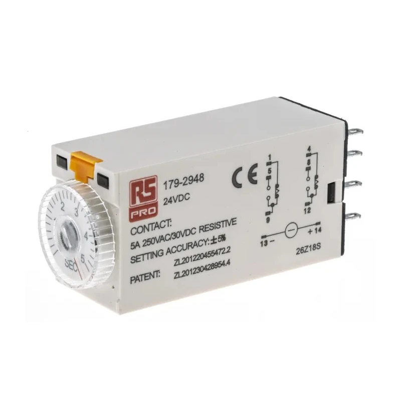 RS PRO Timer Relay, 2-Contact DPDT, 24 V dc 24V ac, 0.2 to 5 s ON Delay, 8-Pin Terminal 179-2948