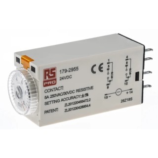 RS PRO Timer Relay 2-Contact 24 V DC 24V AC 0.5 to 10 min ON Delay DPDT Switch Configuration 179-2955