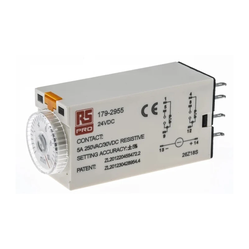RS PRO Timer Relay 2-Contact 24 V DC 24V AC 0.5 to 10 min ON Delay DPDT Switch Configuration 179-2955