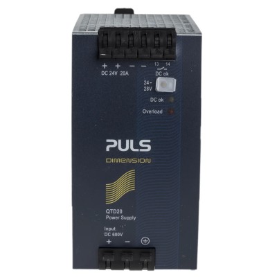 PULS DC/DC Converter 24V DC Output 20A, 600V DC Input, DIN Rail Mount, 480W, Max Operating Temp 70°C, Model QTD20.241