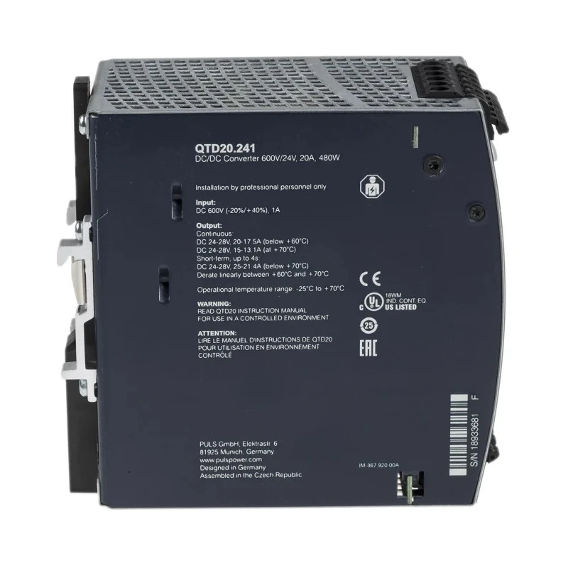 PULS DC/DC Converter 24V DC Output 20A, 600V DC Input, DIN Rail Mount, 480W, Max Operating Temp 70°C, Model QTD20.241