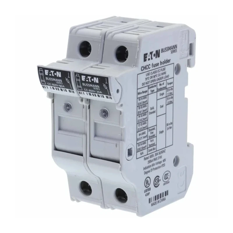 Eaton 30A Rail Mount Fuse Holder 2P-Pole Screw Terminal DIN 35 mm, 600V AC CHCC2DIU