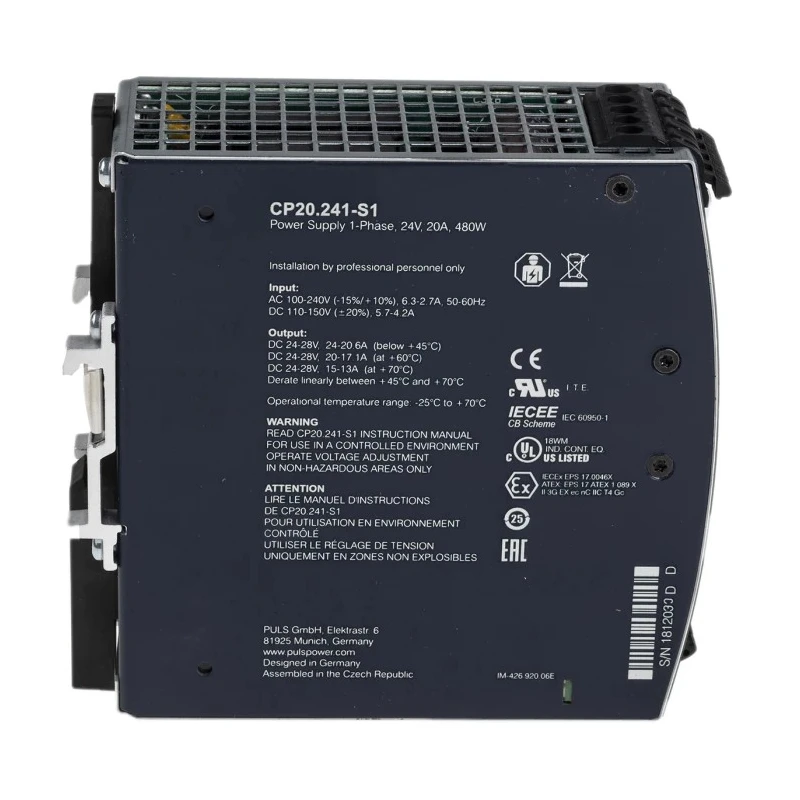 PULS DIN Rail Power Supply 24 V dc, 480 W, 20 A Output, 100-240 V ac Input CP20.241-S1