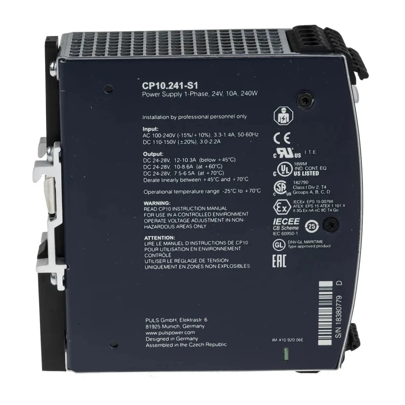 PULS DIN Rail Power Supply 24 V DC, 10 A Output, 240 W Power, 100-240 V AC Input CP10.241-S1