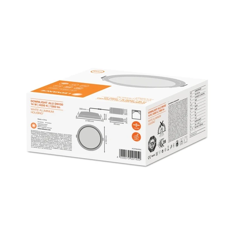LEDVANCE DL ALU DN Round Aluminium LED Downlight 160 mm Diameter, 52 mm Depth, 220-240 V, 14 W, Cool White 4058075091450