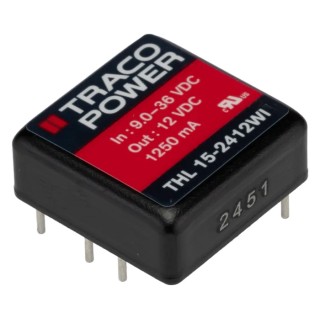 TRACOPOWER DC/DC Converter 12V DC Output 1.25A 15W 9-36V DC Input Metal PCB Mount THL 15-2412WI