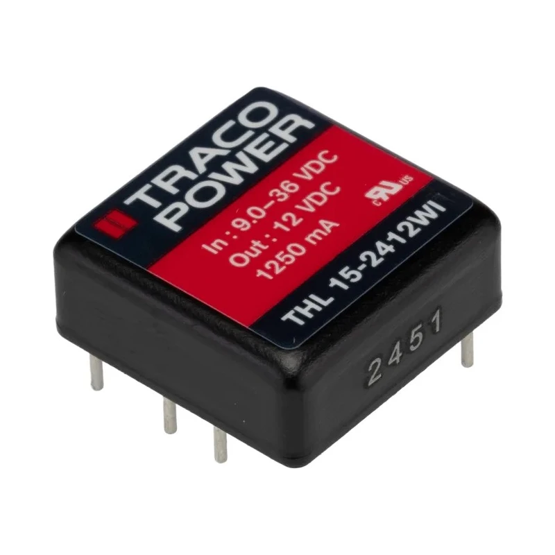 TRACOPOWER DC/DC Converter 12V DC Output 1.25A 15W 9-36V DC Input Metal PCB Mount THL 15-2412WI