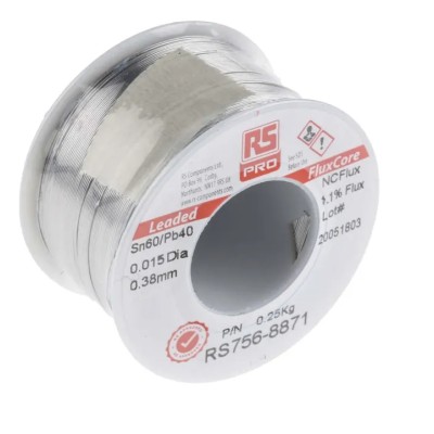 RS PRO Lead Solder Wire 0.4 mm Diameter 60% Tin, 40% Lead Colophony Free Flux 183°C Melting Point 250g 756-8871
