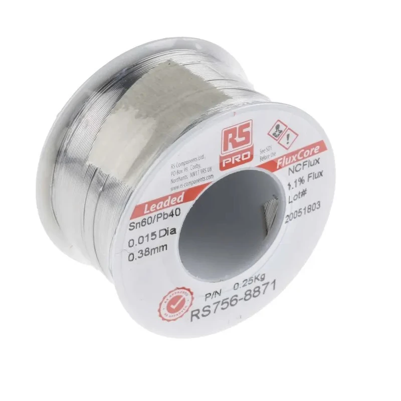 RS PRO Lead Solder Wire 0.4 mm Diameter 60% Tin, 40% Lead Colophony Free Flux 183°C Melting Point 250g 756-8871