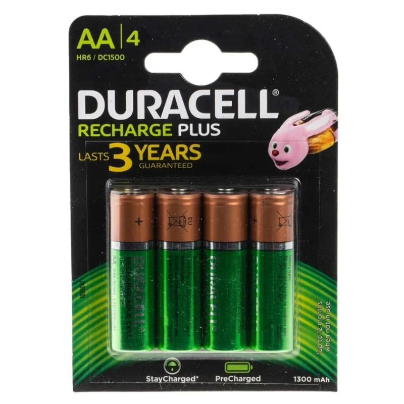 Duracell Rechargeable AA Battery 1.3 Ah Capacity Nickel Metal Hydride Chemistry 1.2 V Nominal Voltage DC1500