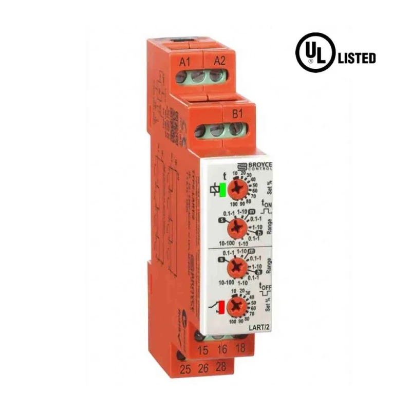 Broyce Control LART/2 Series DIN Rail Timer Relay, 2-Contact, 12 to 230 V dc, 230 V ac, 24 V ac, 0.1 s LART/2 12-230V AC/DC