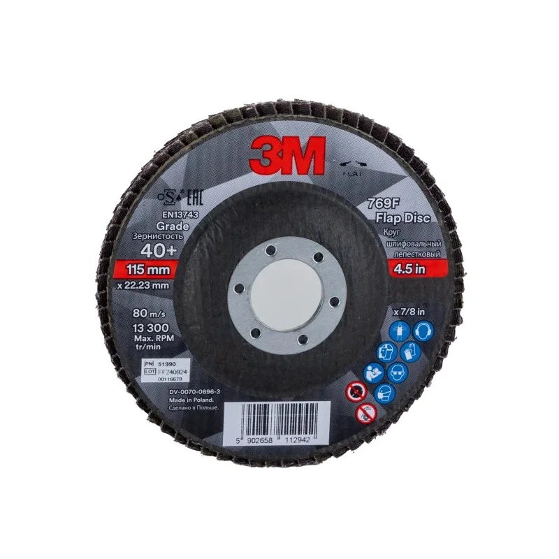 3M 769F Zirconium Precision Shaped Grain Flap Disc 115 mm Fine Grade P40 Grit Quick Change 7100196540