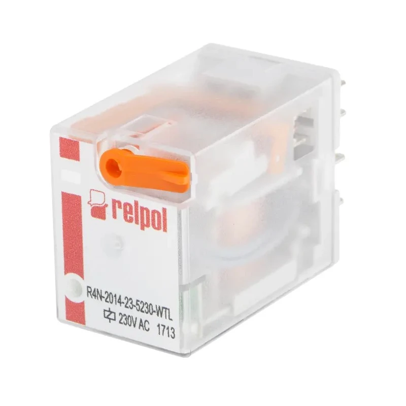 Relpol Power Relay 230V AC Coil, 6A Switching Current, 4PDT, Plug-In Terminal, Silver Alloy Contacts R4N-2014-23-5230-WTL