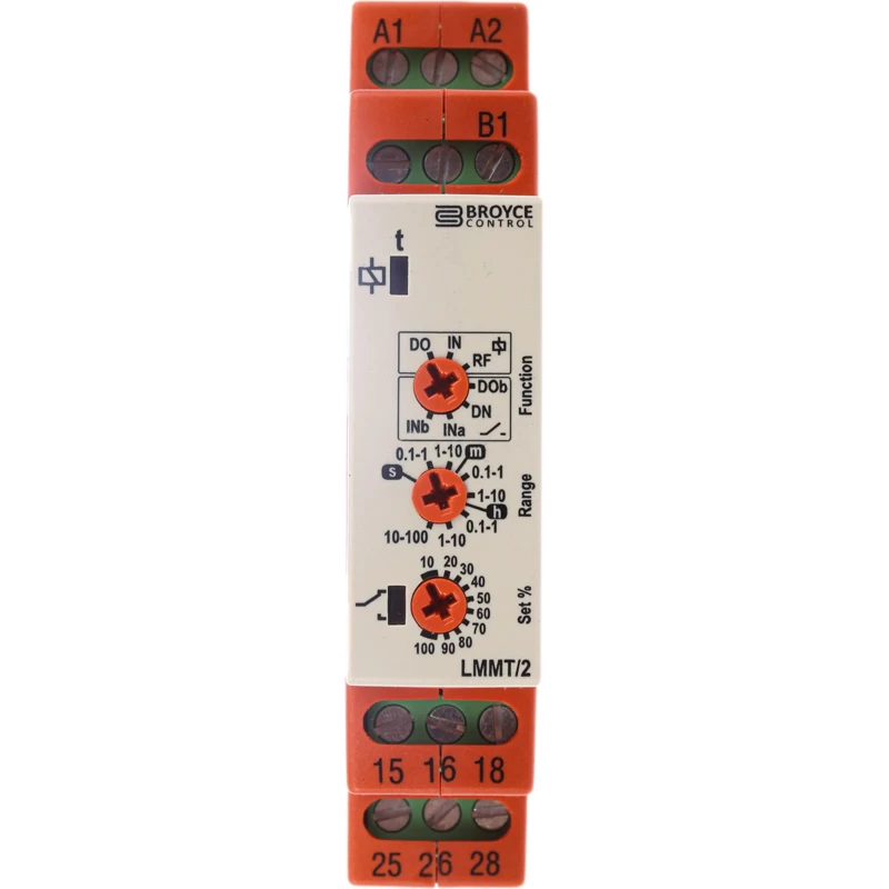 Broyce Control Multifunction DIN Rail Timer Relay 2-Contact DPDT 230 V AC/DC, 24 V AC, 0.1 s to 100 h LMMT/2 12-230V AC/DC