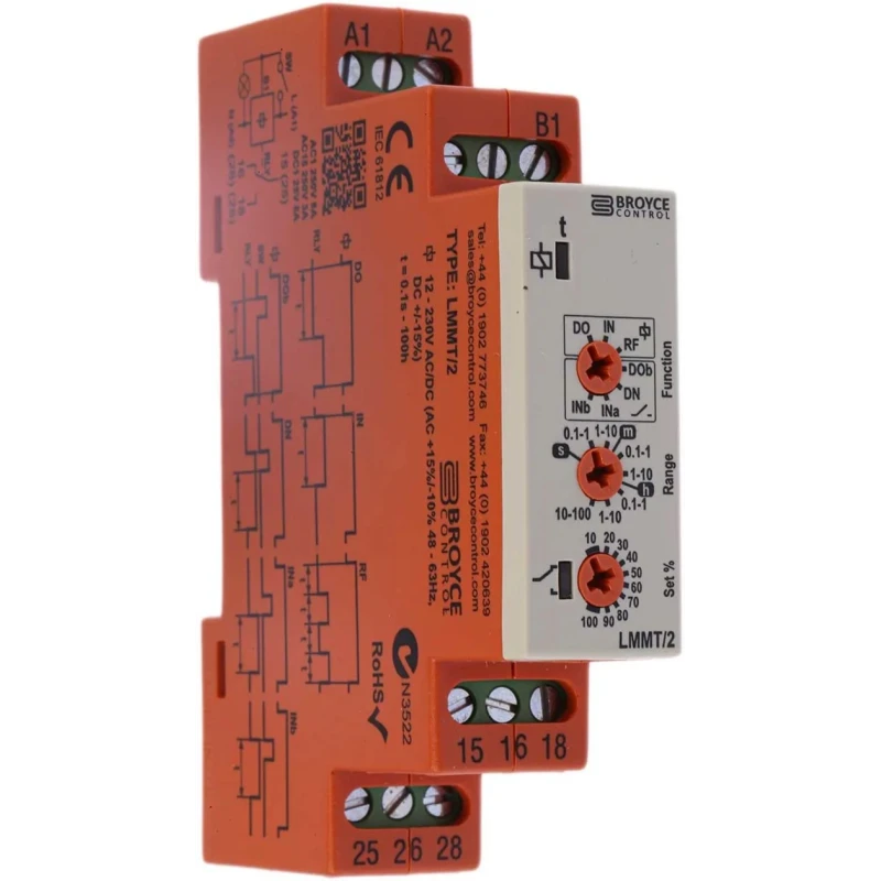 Broyce Control Multifunction DIN Rail Timer Relay 2-Contact DPDT 230 V AC/DC, 24 V AC, 0.1 s to 100 h LMMT/2 12-230V AC/DC