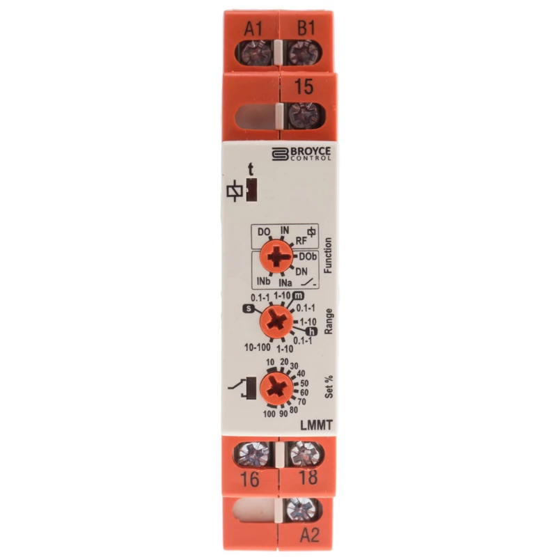 Broyce Control Multifunction DIN Rail Timer Relay 1-Contact SPDT 230 V AC/DC 24 V AC 0.1 s to 100 h LMMT 12-230V AC/DC