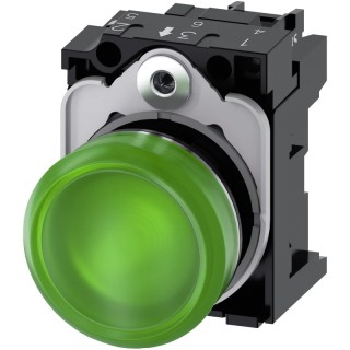 Siemens Panel Mount Green LED Pilot Light, SIRIUS ACT 3SU11 Series, 22 mm Cutout, 230V AC, IP20, Round 3SU1156-6AA40-1AA0
