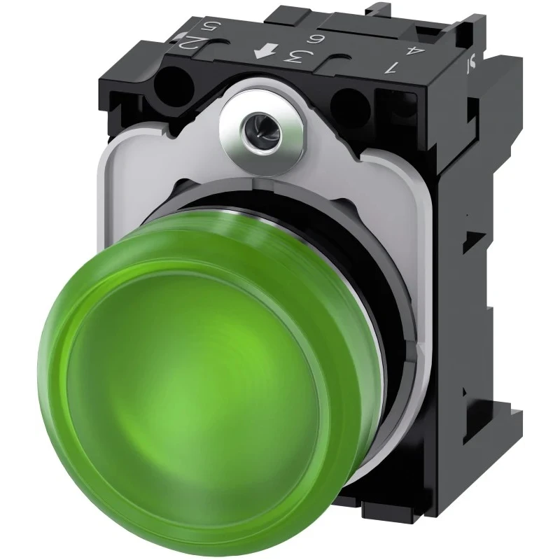 Siemens Panel Mount Green LED Pilot Light, SIRIUS ACT 3SU11 Series, 22 mm Cutout, 230V AC, IP20, Round 3SU1156-6AA40-1AA0