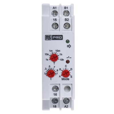 RS PRO DIN Rail Timer Relay 1-Contact Multifunction Valve Function 24 V DC/AC 240 V AC, 0.1 s to 10 h SPDT Switch 896-6850
