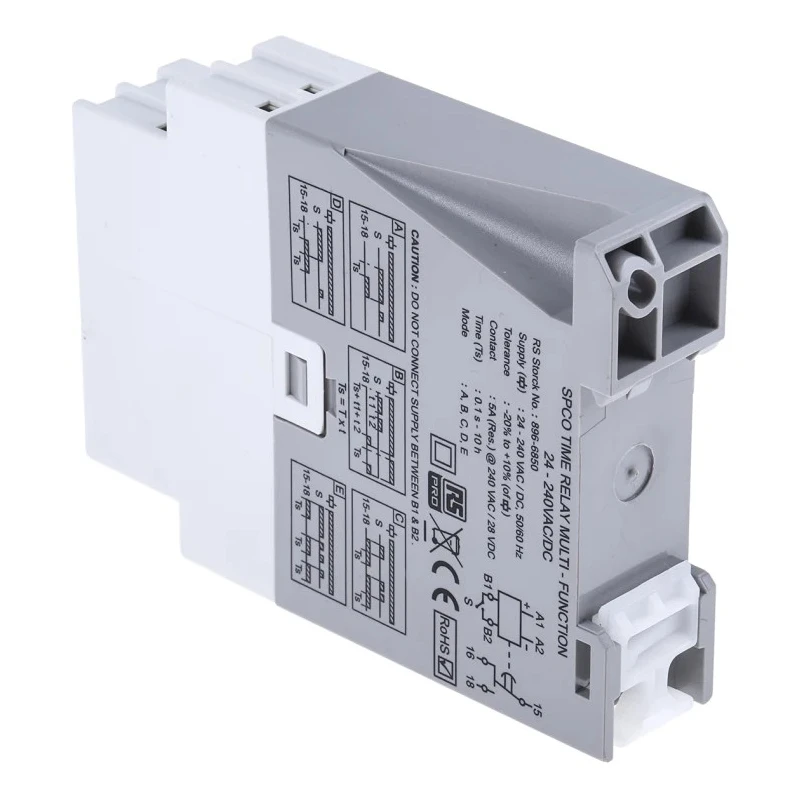 RS PRO DIN Rail Timer Relay 1-Contact Multifunction Valve Function 24 V DC/AC 240 V AC, 0.1 s to 10 h SPDT Switch 896-6850