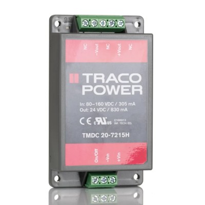 TRACOPOWER DC/DC Converter, 24V Output, 160V Max Input, 830mA Output Current, 20W Power, Chassis Mount TMDC 20-7215H