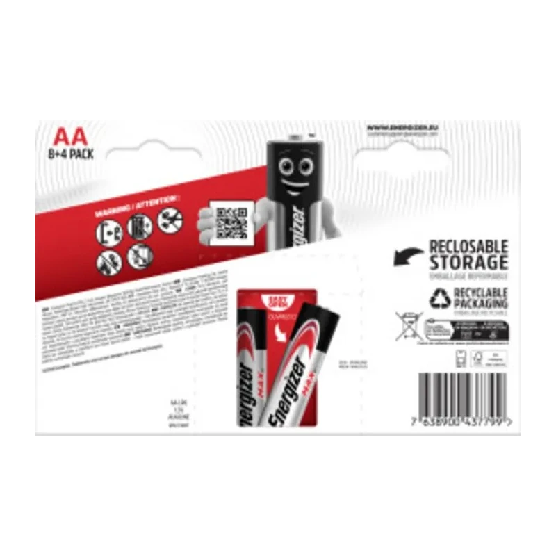 Energizer MAX Zinc Manganese Dioxide Alkaline AA Battery 1.5 V 2.5 Ah 12 Pack 7638900437799