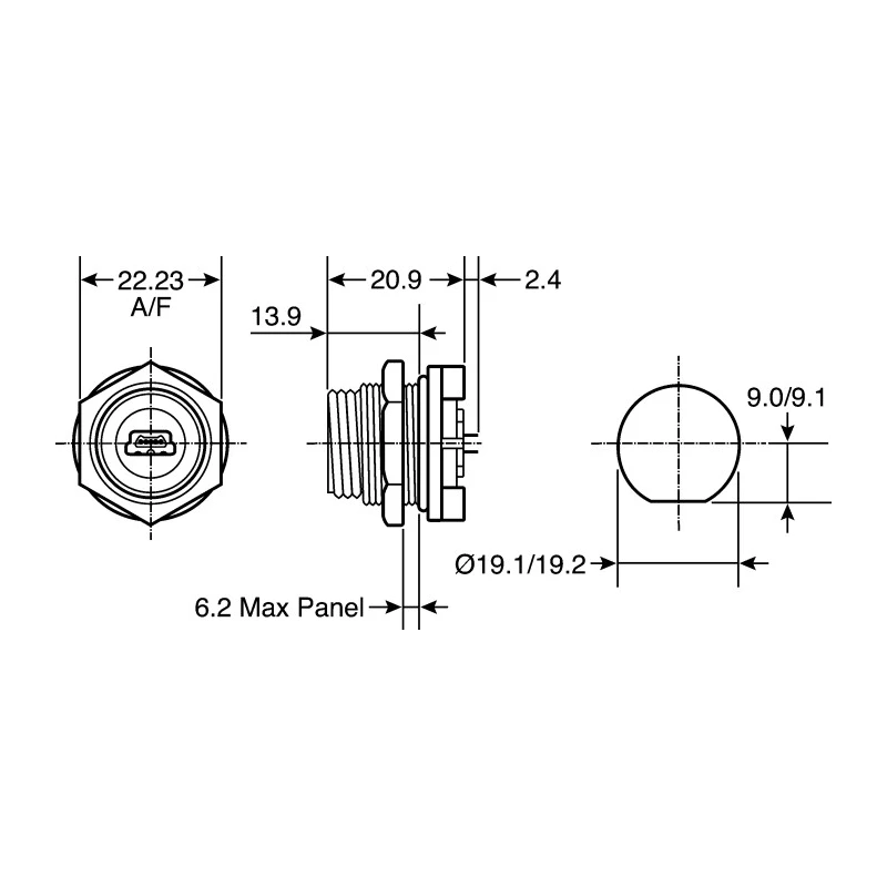 Bulgin USB Connector Micro USB Type AB 1 Port 42V 1A Straight Orientation Through Hole Mount IP68 PX0458