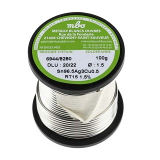 MBO Lead Free Solder Wire 1.5 mm Diameter 100g Rosin Flux SN96.5 AG3 CU0.5 15/10 RT15 - 100G