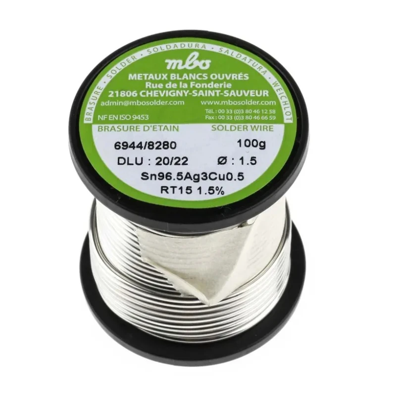 MBO Lead Free Solder Wire 1.5 mm Diameter 100g Rosin Flux SN96.5 AG3 CU0.5 15/10 RT15 - 100G