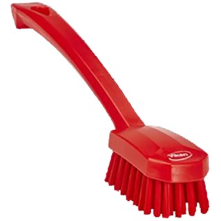 Vikan Red Medium Utility Scrubbing Brush with 22 mm Polyester Bristle Length, Ergonomic Angled Handle 30884