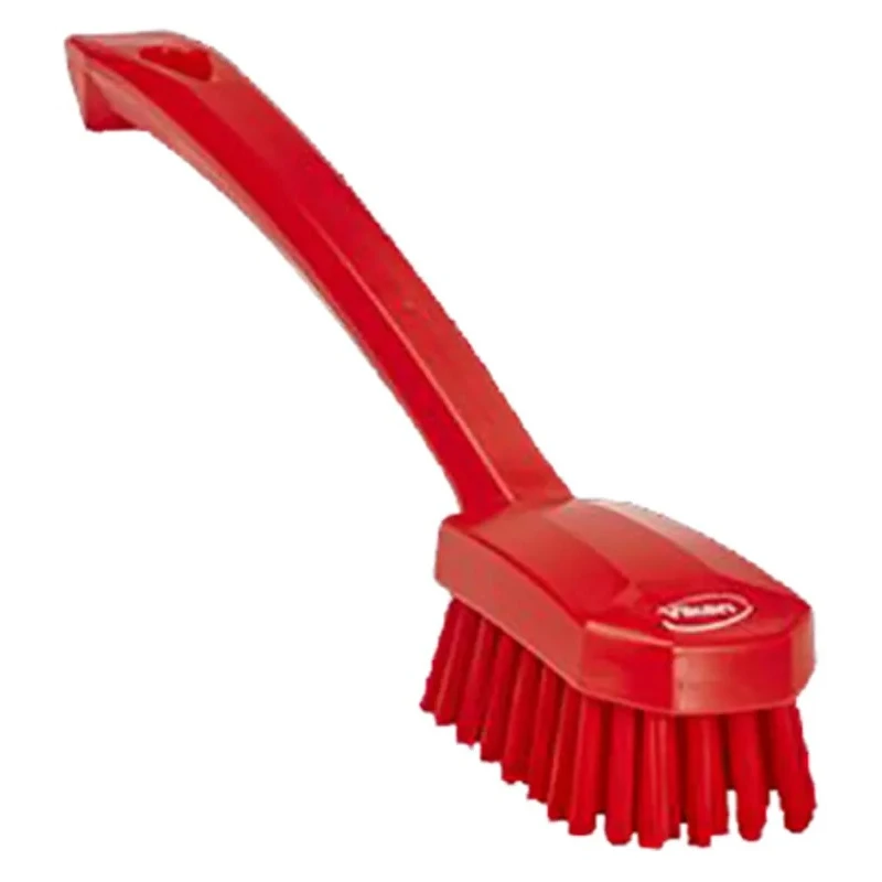Vikan Red Medium Utility Scrubbing Brush with 22 mm Polyester Bristle Length, Ergonomic Angled Handle 30884