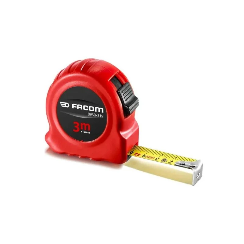 Facom 3 Meter Metric Tape Measure with 19mm Wide Double-Sided Yellow Blade, ABS Red and Black Case 893B.319PB