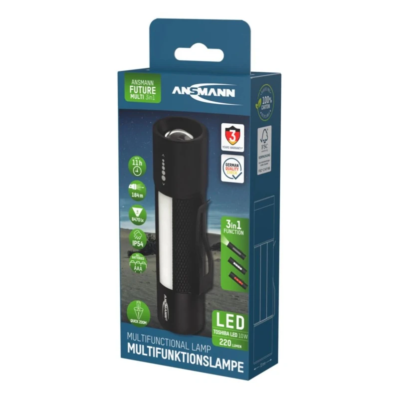 Ansmann Torch Black Aluminium Housing 220 lm LED 10W 3x AAA Batteries 125 mm 1600-0137-520