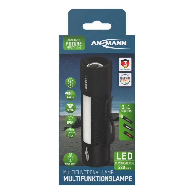 Ansmann Torch Black Aluminium Housing 220 lm LED 10W 3x AAA Batteries 125 mm 1600-0137-520