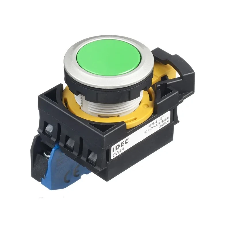 Idec CW Series Illuminated Maintained Panel Push Button Switch 22 mm Cutout SPST Green LED IP65 CW4B-A1E10G