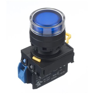 Idec Illuminated Push Button Complete Unit Blue, Panel Mount, 22 mm Cutout, Round, SPST, IP65 YW1L-MF2E10QM3S
