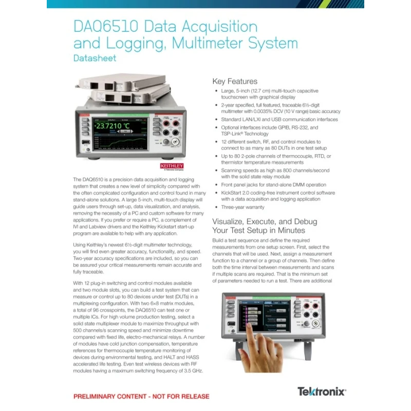 Keithley Data Acquisition System DAQ6510, Lithium Battery, Operating Temp 0°C to 50°C, 4.5kg DAQ6510