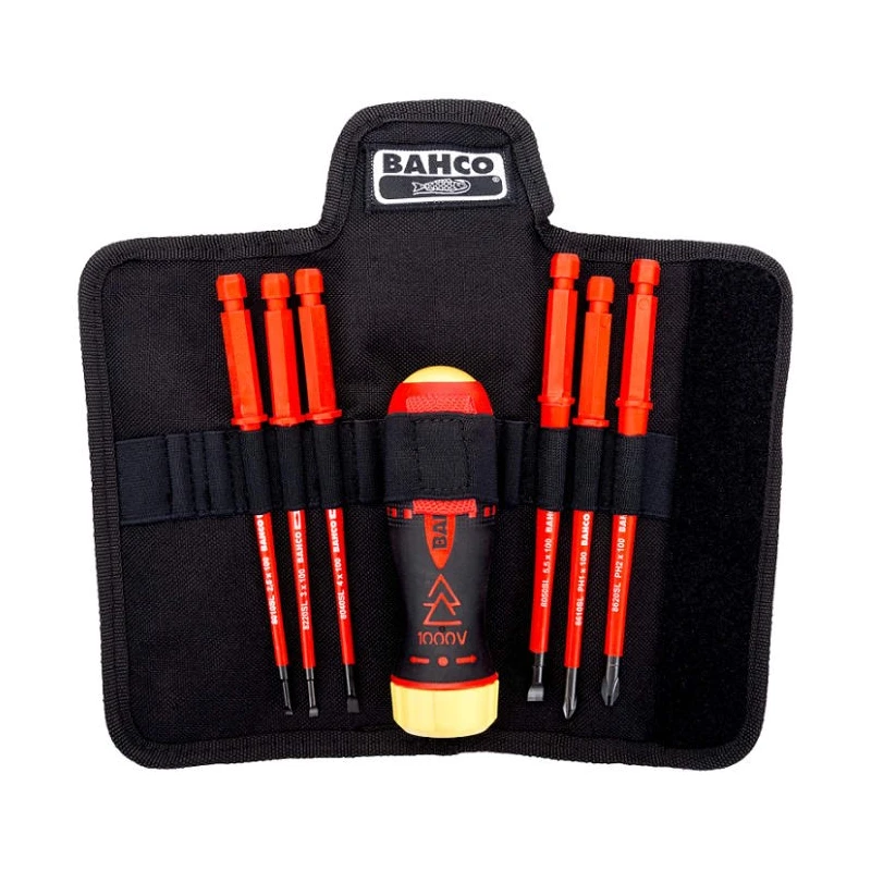 Bahco Interchangeable Insulated Screwdriver Set 7-Piece PH1 PH2 Slotted 0.4x2.5 mm to 1x5.5 mm 48-Tooth Ratchet Handle 808061