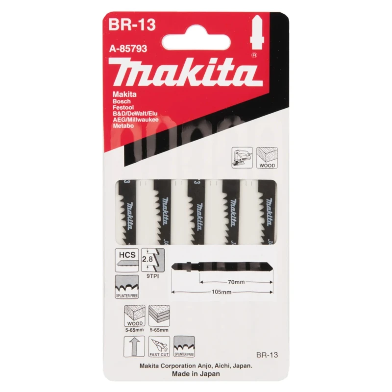 Makita Jigsaw Blade 9 Teeth Per Inch Plywood High Carbon Steel 65mm Cutting Length A-85793