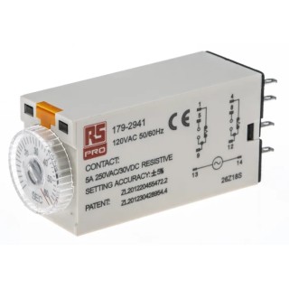 RS PRO Timer Relay, 2-Contact, 12 V DC 110V AC, 2 to 60 Seconds Timing, 1-Function, DPDT Switch Configuration 179-2941